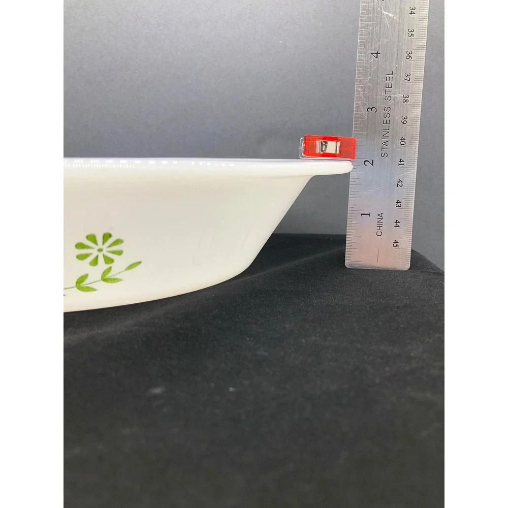 Glasbake J2352 Milk Glass Divided Serving Dish Green Floral Vine Oval Vintage